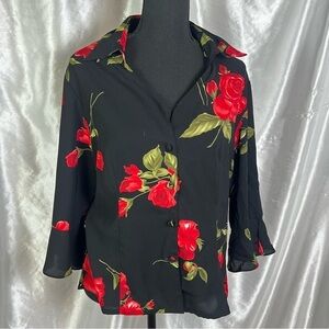 Vintage Y2K Black & Red Rose Print Button-Up Blouse – Romantic Grunge Floral 12